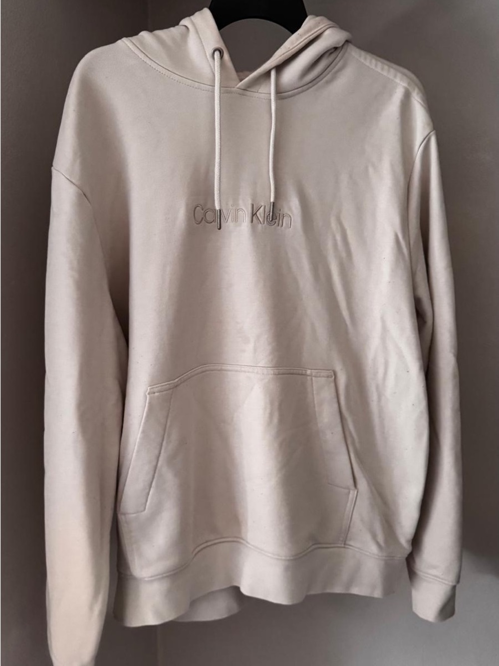 Calvin Klein Men's Cream Pullover Hoodie with Embroidered Logo